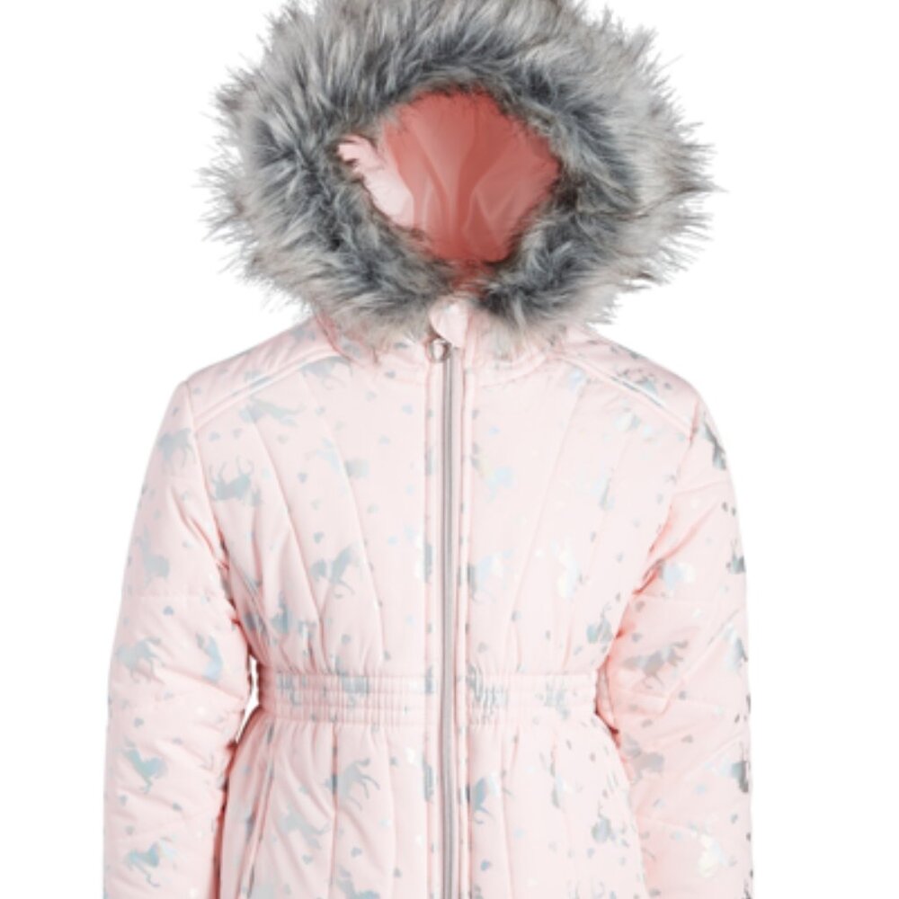 S Rothschild Foil Quilted Puffer Coat - Faux-Fur - Petal Pink - Unicorns - 6x